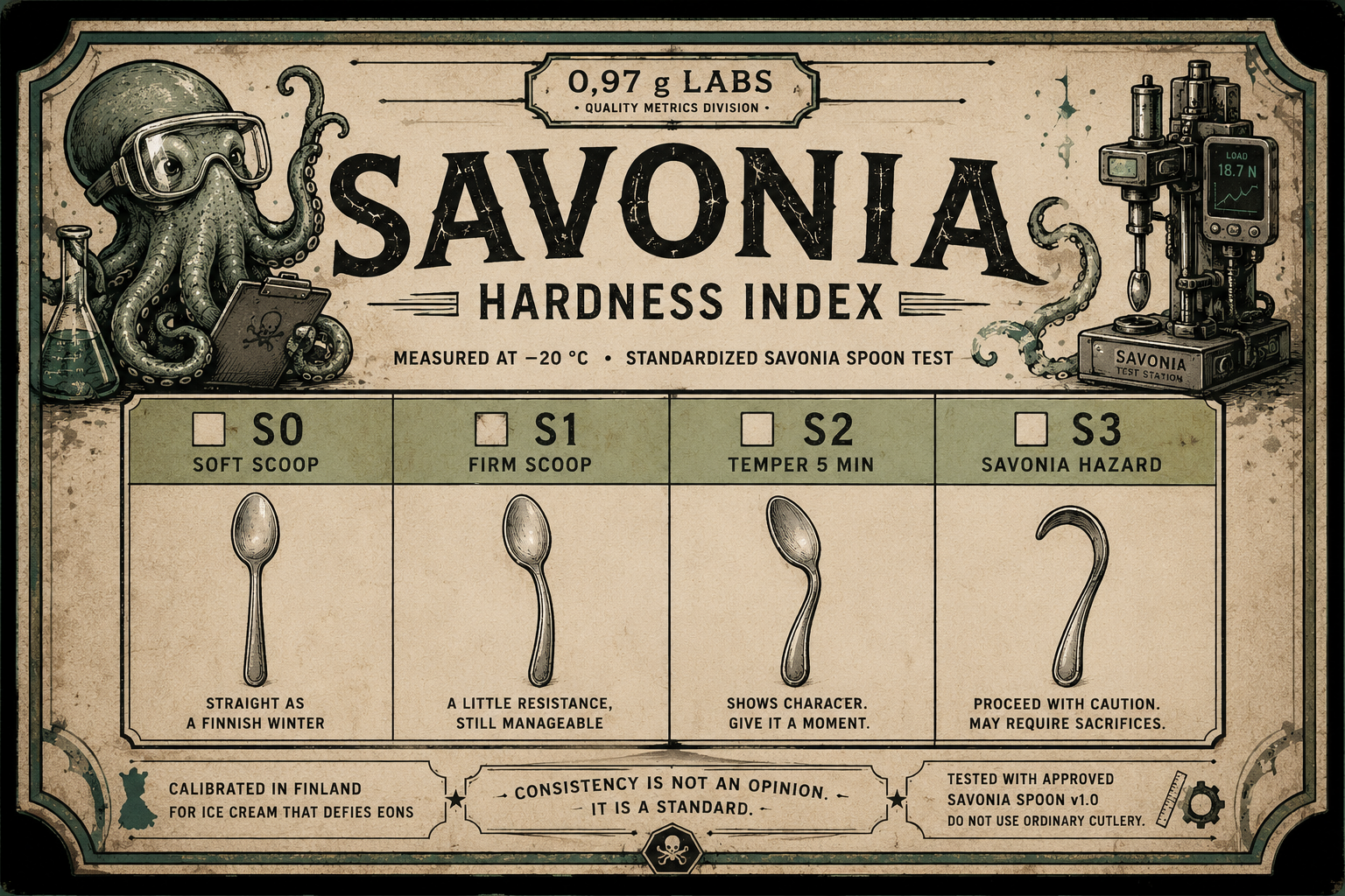 Savonia Hardness Index label showing S0 to S3 spoon-bending hardness classes