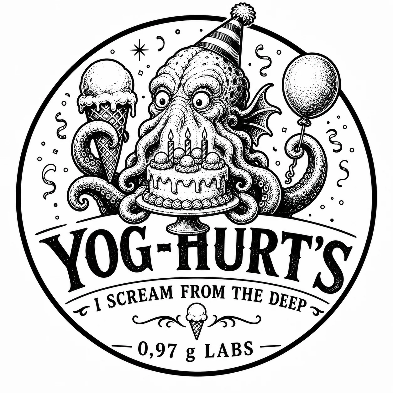 Yog-Hurt's birthday emblem with party hat, balloons and ice cream cake