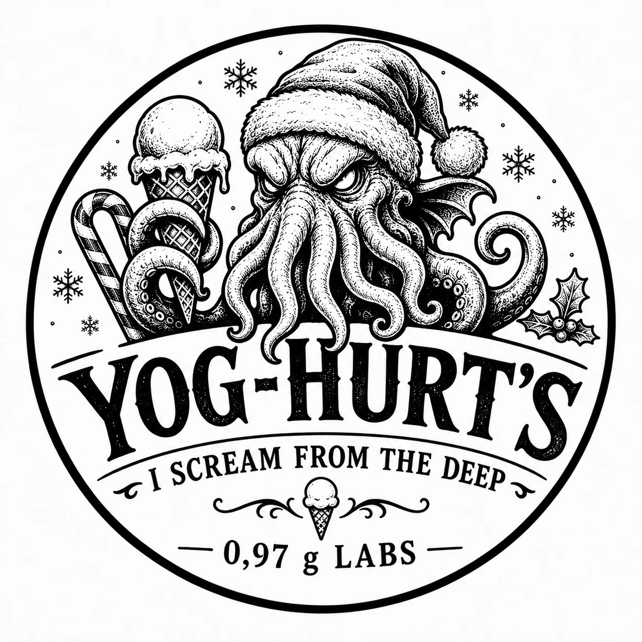 Yog-Hurt's Christmas emblem with a Santa-hatted Cthulhu-like ice cream mascot