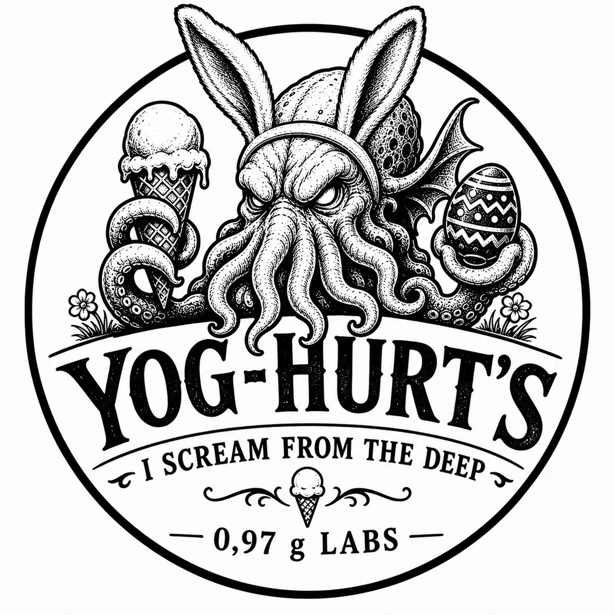 Yog-Hurt's Easter emblem with bunny ears, chocolate egg and ice cream