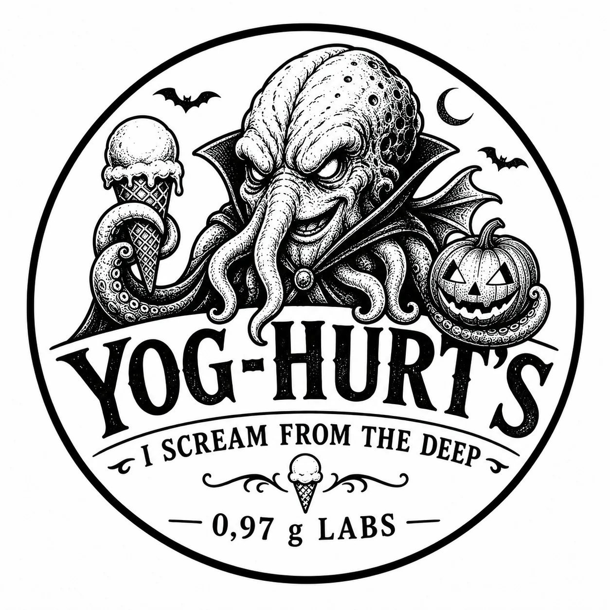 Yog-Hurt's Halloween emblem with vampire styling, pumpkin and ice cream