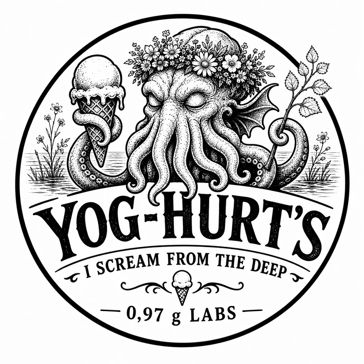 Yog-Hurt's Midsummer emblem with flower-crowned Cthulhu-like mascot and ice cream