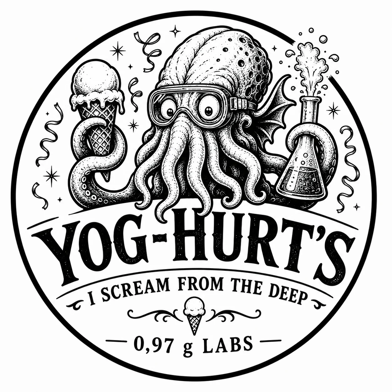 Yog-Hurt's New Year emblem with a goggled laboratory octopus and bubbling flask