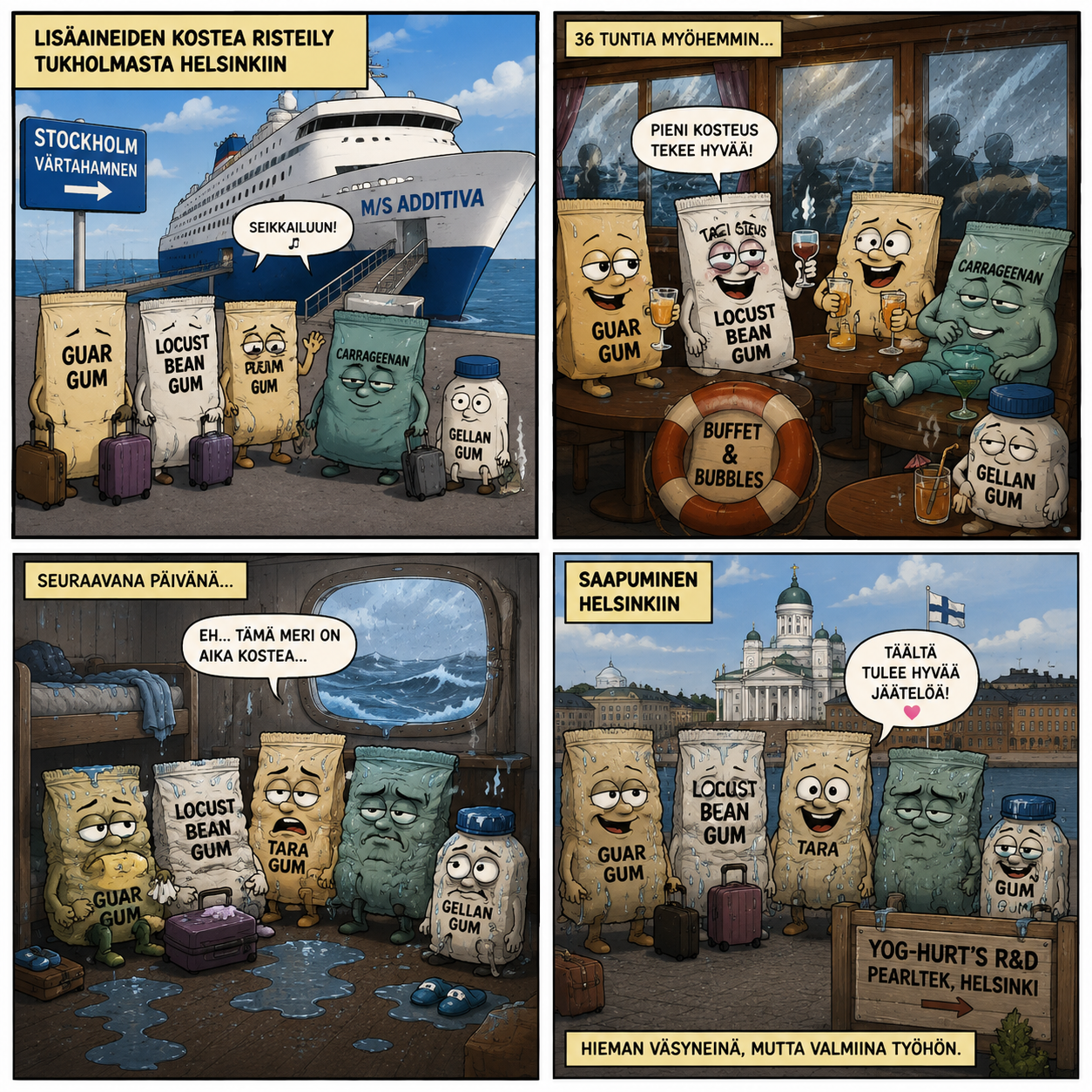 Four-panel comic showing anthropomorphic hydrocolloid additives taking a very wet ferry cruise from Stockholm to Helsinki.