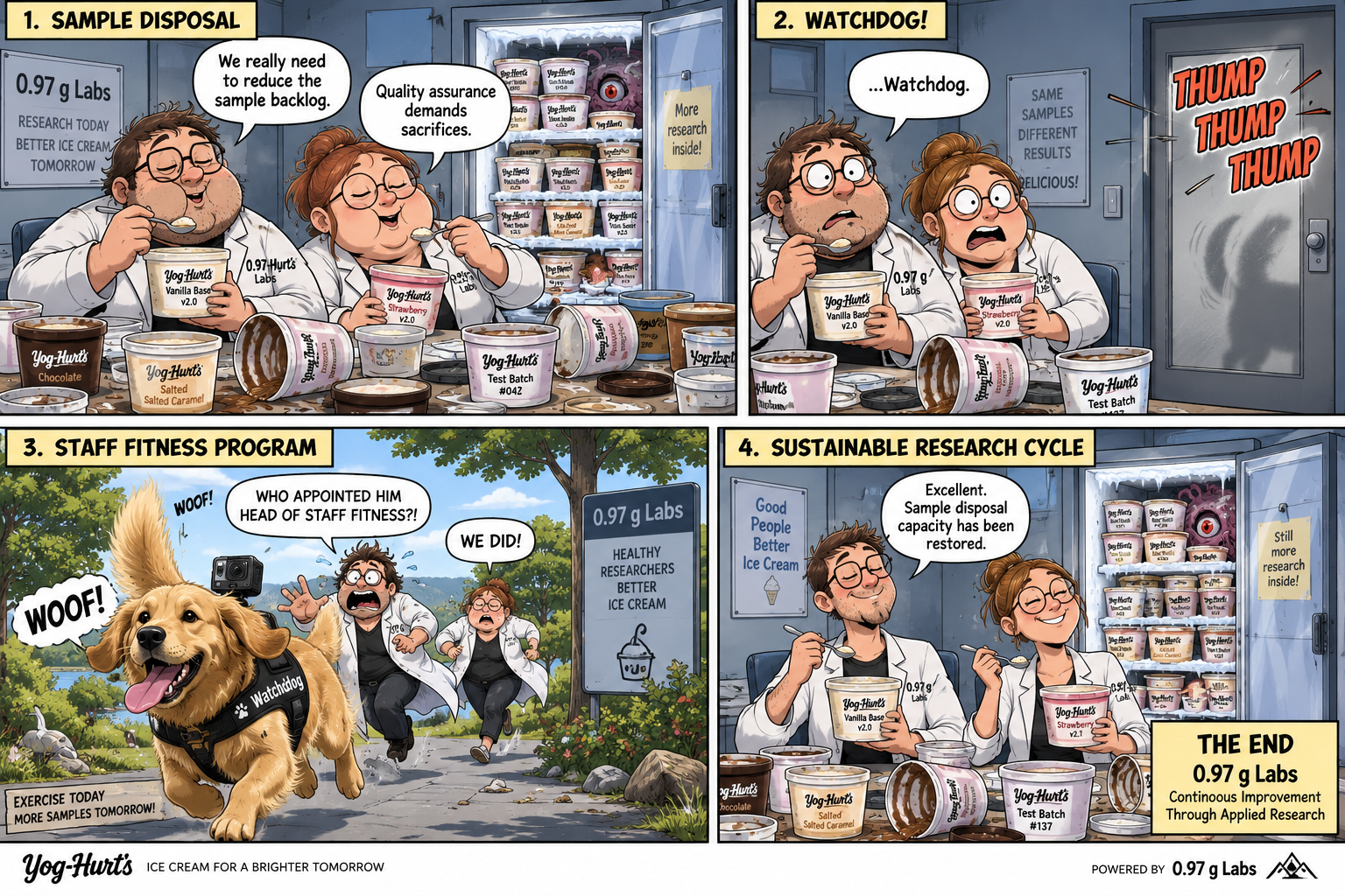 Four-panel Yog-Hurt's comic in which researchers dispose of ice cream samples, hear Watchdog approaching, run outside with the enthusiastic dog and return fitter to continue sample disposal.